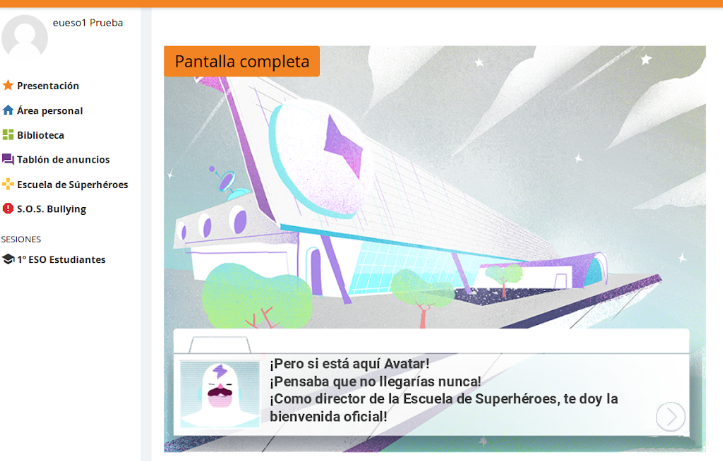 Escuela de Superheroes Screenshot de los dialogos e implementación en la paltaforma