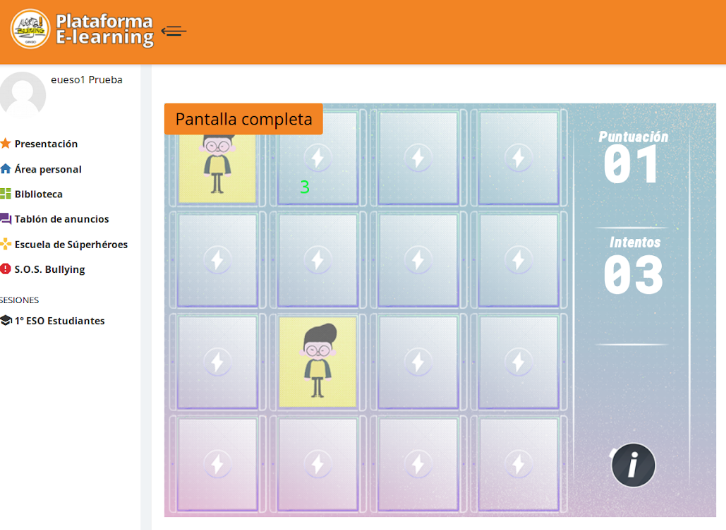 Escuela de Superheroes Screenshot del juego tipo Memory e implementación en la paltaforma