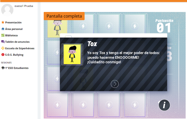 Escuela de Superheroes Screenshot del juego tipo Memory e implementación en la paltaforma